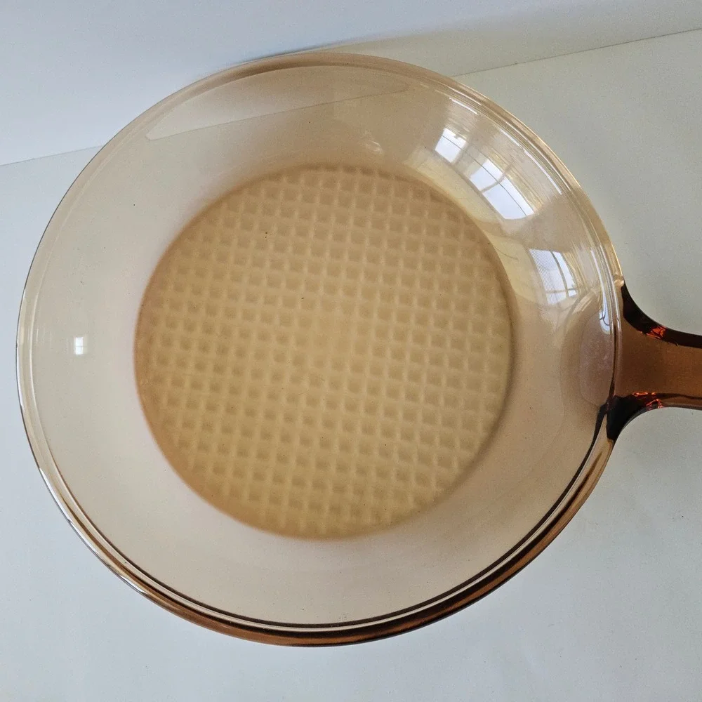 Vtg Corning Vision Ware Waffle Bottom 10in Frying Pan Skillet w Lid Amber Glass